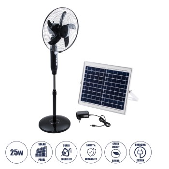 GloboStar® SOLARA-FAN 85356 Solar Fan Αυτόνομος Ηλιακός Επιδαπέδιος Ανεμιστήρας 25W 2 Λειτουργιών Ρεύματος με AC 220-240V ή με Φωτοβολταϊκό Panel 9V 12W & Επαναφορτιζόμενη Μπαταρία Li-ion 7.4V 4400mAh - 3 Ταχύτητες - Ενσωματωμένο USB 2.0 Charger Συσκε