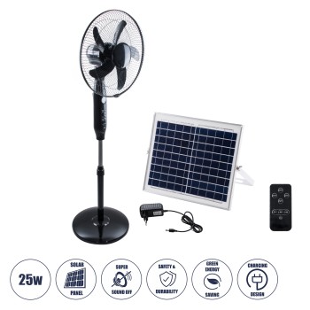 GloboStar® SOLARE-FAN 85358 Solar Fan Αυτόνομος Ηλιακός Επιδαπέδιος Ανεμιστήρας 25W 2 Λειτουργιών Ρεύματος με AC 220-240V ή με Φωτοβολταϊκό Panel 9V 15W & Επαναφορτιζόμενη Μπαταρία Li-ion 7.4V 6000mAh - 12 Ταχύτητες - Ασύρματο Χειριστήριο - Ενσωματωμέ