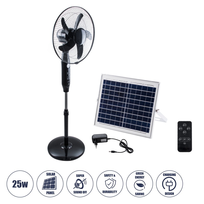 GloboStar® SOLARE-FAN 85358 Solar Fan Αυτόνομος Ηλιακός Επιδαπέδιος Ανεμιστήρας 25W 2 Λειτουργιών Ρεύματος με AC 220-240V ή με Φωτοβολταϊκό Panel 9V 15W & Επαναφορτιζόμενη Μπαταρία Li-ion 7.4V 6000mAh - 12 Ταχύτητες - Ασύρματο Χειριστήριο - Ενσωματωμέ