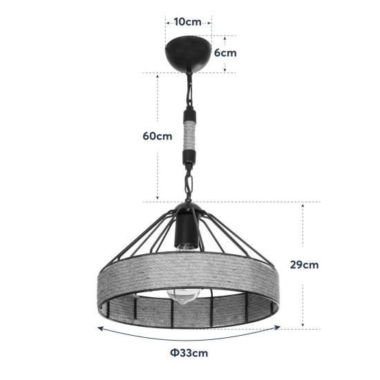 GloboStar® ZION 203-0003 Vintage Κρεμαστό Φωτιστικό Σχοινί Μονόφωτο 1 x E27 IP20 Μαύρο Μέταλλο με Μπεζ Σχοινί - Μ33 x Π33 x Υ29cm GloboStar® ZION 203-0003 Vintage Κρεμαστό Φωτιστικό Σχοινί Μονόφωτο 1 x E27 IP20 Μαύρο Μέταλλο με Μπεζ Σχοινί - Μ33 x Π33 x Υ29cm