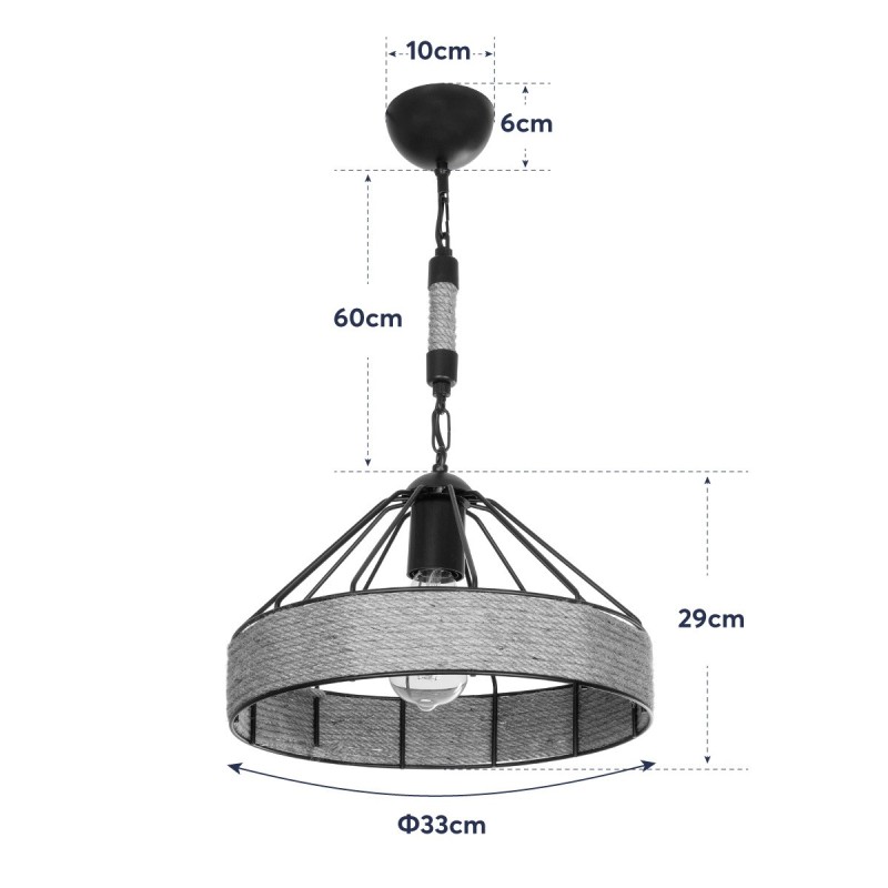 GloboStar® ZION 203-0003 Vintage Κρεμαστό Φωτιστικό Σχοινί Μονόφωτο 1 x E27 IP20 Μαύρο Μέταλλο με Μπεζ Σχοινί - Μ33 x Π33 x Υ29cm