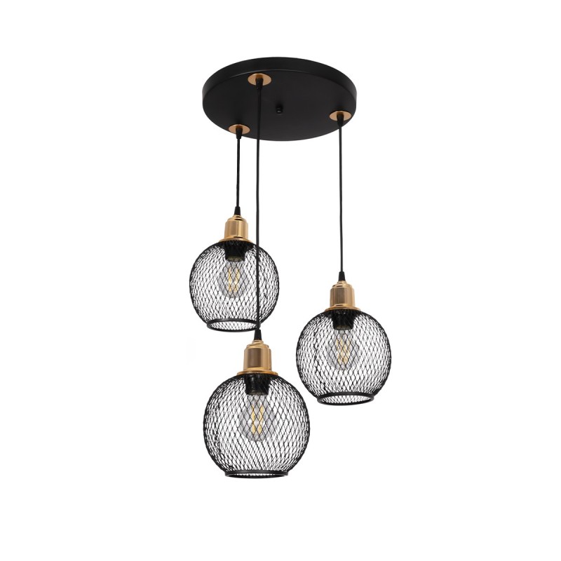 GloboStar® VIVIDUS 201-0020 Vintage Κρεμαστό Φωτιστικό Πλέγμα Τρίφωτο 3 x E27 IP20 Μαύρο και Χρυσό Μέταλλο - Μ32 x Π32 x Υ70cm