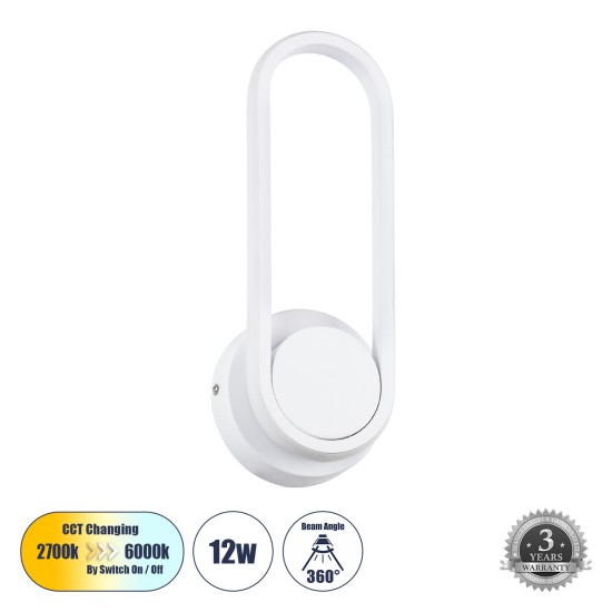GLOBOSTAR® DALLAS 61346 Μοντέρνο Φωτιστικό Τοίχου - Απλίκα LED 12W 1440lm 300° AC 220-240V IP20 Ρυθμιζόμενο Λευκό CCT με On/Off 2700K/4500K/6000K - Lumileds SMD Chip - Λευκό Ματ - Μ12 x Π6.5 x Υ32cm - 3 Χρόνια Εγγύηση GloboStar® DALLAS 61346 Φωτιστικό Τοίχου - Απλίκα Design LED CCT 12W 1440lm 360° AC 220-240V - Εναλλαγή Φωτισμού μέσω Διακόπτη On/Off All In One Ψυχρό 6000k+Φυσικό 4500k+Θερμό 2700k Μ12 x Π6.5 x Υ32cm - Λευκό - 3 Years Warranty