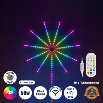 GLOBOSTAR® DIGIFRWORKS 90339 Σετ Ψηφιακής Pixel Addressable Ταινίας με RF Ασύρματο Χειριστήριο & Λειτουργία μέσω WiFi APP LED 50W 3000lm 120° DC 5V με USB 2.0 IP20 156 x SMD5050 Chip 156 x Pixel Πολύχρωμο RGB Dimmable SPI/TTL Protocol - Sanan SMD Chip