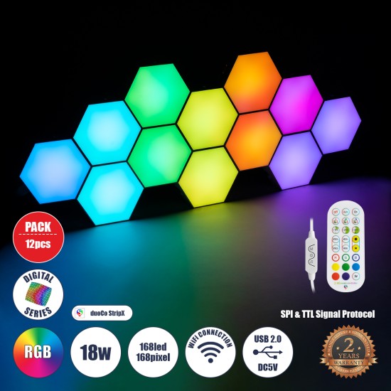GloboStar® DIGIOCTA 90449 Σετ 12 Ψηφιακων LED RGB Φωτιστικών Κυψελών με Ψηφιακό Controller με WiFi Smart APP & Ασύρματο Χειριστήριο RF 2.4Ghz - LED SMD 5050 18W/Σετ 168PIXEL/Σετ 1440lm/Σετ 120° DC 5V με USB 2.0 IP20 Πολύχρωμο RGB - Dimmable - Μ10.5 x GloboStar® DIGIOCTA 90449 Σετ 12 Ψηφιακων LED RGB Φωτιστικών Κυψελών με Ψηφιακό Controller με WiFi Smart APP & Ασύρματο Χειριστήριο RF 2.4Ghz - LED SMD 5050 18W/Σετ 168PIXEL/Σετ 1440lm/Σετ 120° DC 5V με USB 2.0 IP20 Πολύχρωμο RGB - Dimmable - Μ10.5 x