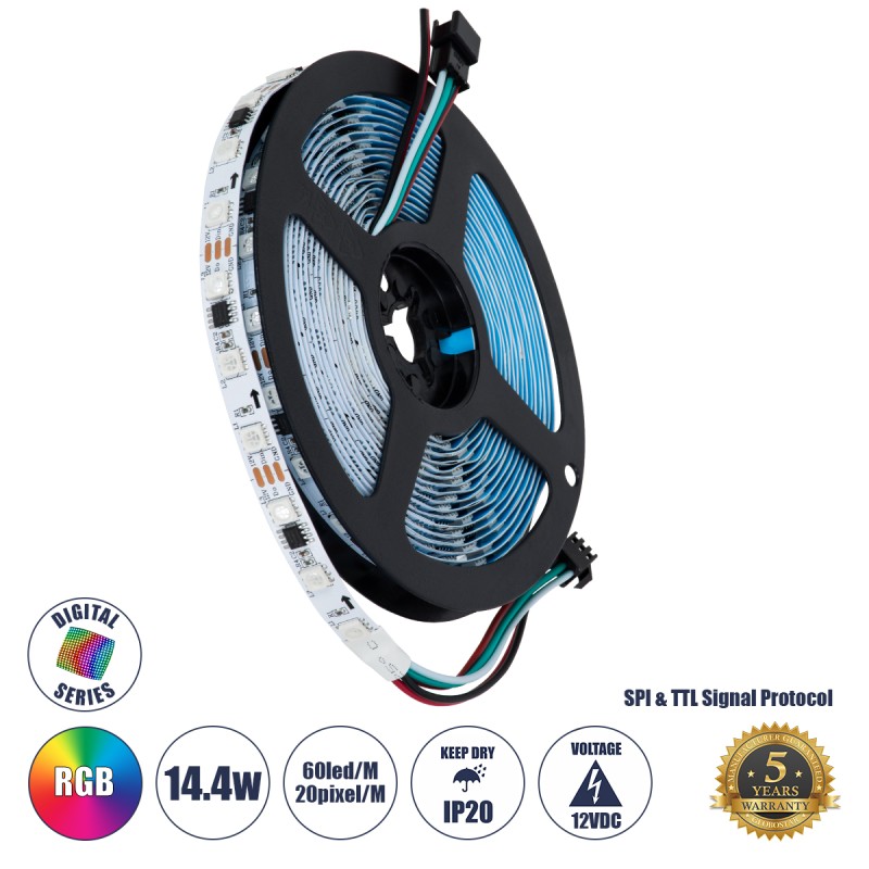 GLOBOSTAR® DIGIPRO 90589 Ψηφιακή Pixel Addressable Ταινία LED 14.4W/m 1152lm/m 120° DC 12V IP20 60 x SMD5050 Chip/m 20 x Pixel/m Πολύχρωμο RGB Dimmable SPI/TTL Protocol IC WS2811/UCS16703 - Μ500 x Π1 x Υ0.2cm - Ρολό 5 Μέτρων - 5 Χρόνια Εγγύηση
