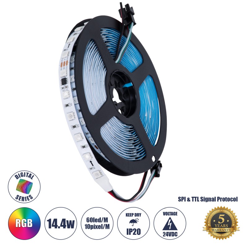 GLOBOSTAR® DIGIPRO 90596 Ψηφιακή Pixel Addressable Ταινία LED 14.4W/m 1152lm/m 120° DC 24V IP20 60 x SMD5050 Chip/m 10 x Pixel/m Πολύχρωμο RGB Dimmable SPI/TTL Protocol IC WS2811/SM16703P - Μ500 x Π1 x Υ0.2cm - Ρολό 5 Μέτρων - 5 Χρόνια Εγγύηση