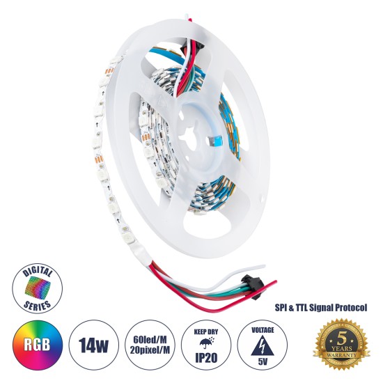 GloboStar® 90606 Digital Pixel Addressable Strip Ultra Slim 3 PIN - Nano Zig Zag S Ψηφιακή Ταινία LED SMD 5050 14W/m 60LED/m 20PIXEL/m SPI/TTL Protocol IC WS2812/SK6812 1152lm/m 120° DC 5V IP20 RGB - Λευκό Σώμα - Μ2000 x Π6 x Υ2mm - Συσκευασία 2 Μέτρων -