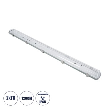 GLOBOSTAR® VIGAS 90613 Γραμμικό Βιομηχανικό Φωτιστικό Σκαφάκι Tri-Proof με Μεταλλικά Clips για 2 x Λάμπες T8 G13 120cm Τύπου Φθορίου LED Τροφοδοσίας Ενός Άκρου 120° AC 220-240V Αδιάβροχο IP65 - Γκρι με Διάφανο Κάλυμμα Πλαστικό PC - Μ126 x Π11.5 x Υ9cm