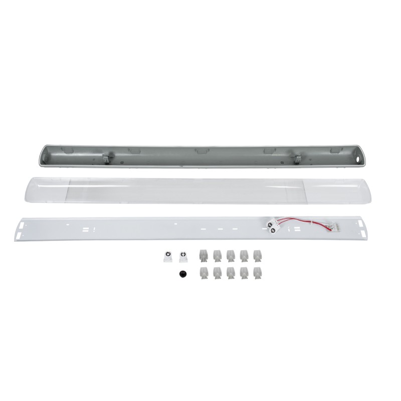 GloboStar® 90613 120cm Tri-Proof Πλαστικό PC Σκαφάκι με Μεταλλικά Clips για 2 x Λάμπες T8 Τύπου Φθορίου LED Τροφοδοσίας Ενός Άκρου Αδιάβροχο IP65