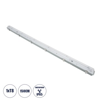 GLOBOSTAR® VIGAS 90614 Γραμμικό Βιομηχανικό Φωτιστικό Σκαφάκι Tri-Proof με Μεταλλικά Clips για 1 x Λάμπες T8 G13 150cm Τύπου Φθορίου LED Τροφοδοσίας Ενός Άκρου 120° AC 220-240V Αδιάβροχο IP65 - Γκρι με Διάφανο Κάλυμμα Πλαστικό PC - Μ156 x Π8 x Υ9cm