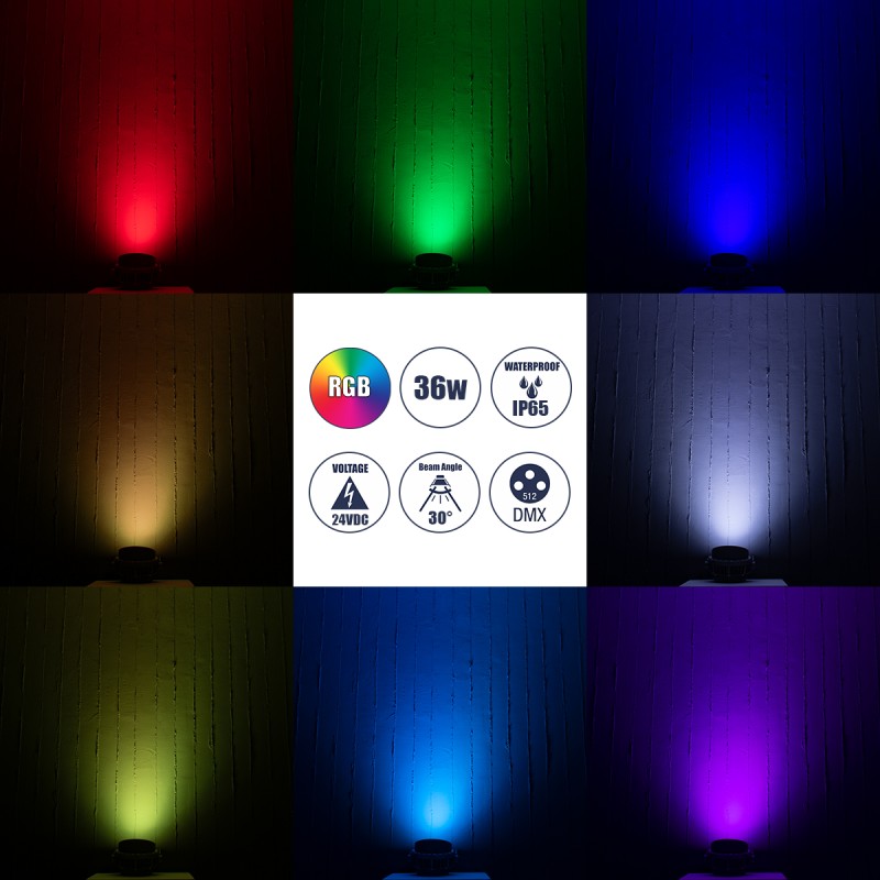 GloboStar® FLOOD-MENA 90648 Προβολέας Wall Washer με Αντιθαμβωτική Γρίλια για Φωτισμό Κτιρίων LED 36W 3060lm 30° DC 24V Αδιάβροχο IP65 Φ23 x Υ18cm Πολύχρωμο RGBW DMX512 - Ασημί - 3 Years Warranty