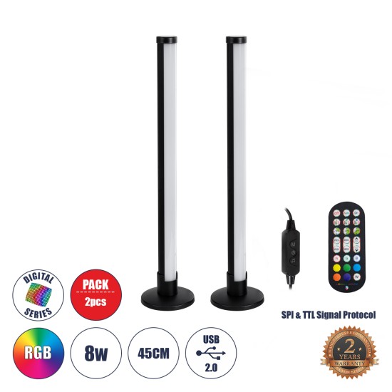GloboStar® DIGICOLUMN 90760 Επιτραπέζιο Φωτιστικό Πορτατίφ LED 16W 1280lm 180° DC 5V IP20 RGB Dimmable Ασημί Πλαστικό - Μ3 x Π3 x Υ45cm - ΣΕΤ 2 Τεμαχίων - 2 Χρόνια Εγγύηση GloboStar® DIGICOLUMN 90760 Σετ 2 Μοντέρνα Επιτραπέζια Φωτιστικά Γραφείου Digital Pixel Symphony Bars LED 16W 1280lm 180° DC 5V με USB 2.0 IP20 - Εναλλαγή Φωτισμού μέσω Τηλεχειριστηρίου - Πολύχρωμα RGB - Dimmable - Μαύρο - Φ3 x Υ45cm - Συσκευασία 2 Τεμαχί