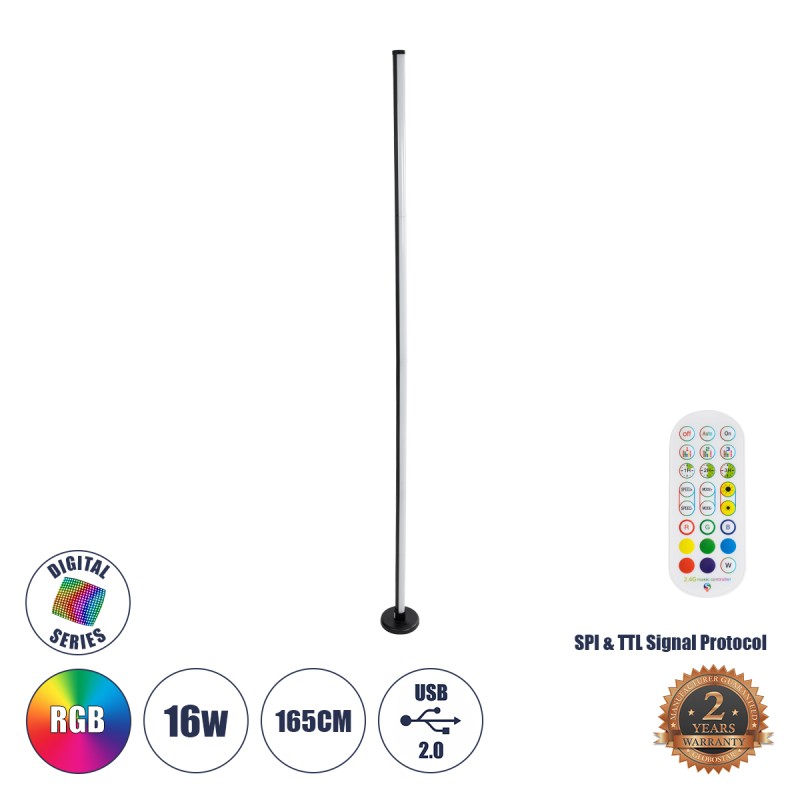 GLOBOSTAR® DIGICOLUMN 90764 Μοντέρνο Επιδαπέδιο Γραμμικό Ψηφιακό Φωτιστικό Digital Pixel Symphony Bar με RF Ασύρματο Χειριστήριο LED 16W 1280lm 180° DC 5V με USB 2.0 IP20 Πολύχρωμο RGB Dimmable - Μαύρο - Φ3 x Υ165cm - 2 Χρόνια Εγγύηση