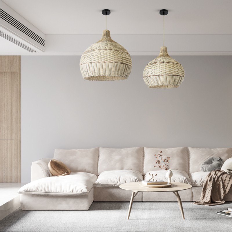 GloboStar® SANTACRUZ 01951 Boho Κρεμαστό Φωτιστικό Καμπάνα Μονόφωτο 1 x E27 IP20 Μπεζ & Καφέ Ξύλο - Μ60 x Π60 x Υ60cm