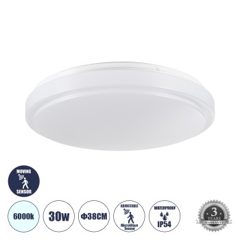 GLOBOSTAR® SENSORANO 60994 Φωτιστικό Πλαφονιέρα Οροφής με Ανιχνευτή Microwave / Αισθητήρα Κίνησης LED 30W 3000lm 120° AC 220-240V Αδιάβροχο IP54 Ψυχρό Λευκό 6000K - Lumileds SMD Chip - Λευκό Γαλακτερό - Μ38 x Π38 x Υ5.3cm - 3 Χρόνια Εγγύηση