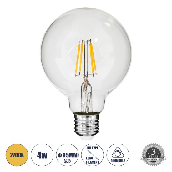 GloboStar® 99009 Λάμπα LED Long Filament E27 G95 Γλόμπος 4W 400lm 360° AC 220-240V IP20 Φ9.5 x Υ13.5cm Θερμό Λευκό 2700K με Διάφανο Γυαλί - Dimmable - 3 Years Warranty GloboStar® 99009 Λάμπα LED Long Filament E27 G95 Γλόμπος 4W 400lm 360° AC 220-240V IP20 Φ9.5 x Υ13.5cm Θερμό Λευκό 2700K με Διάφανο Γυαλί - Dimmable - 3 Years Warranty