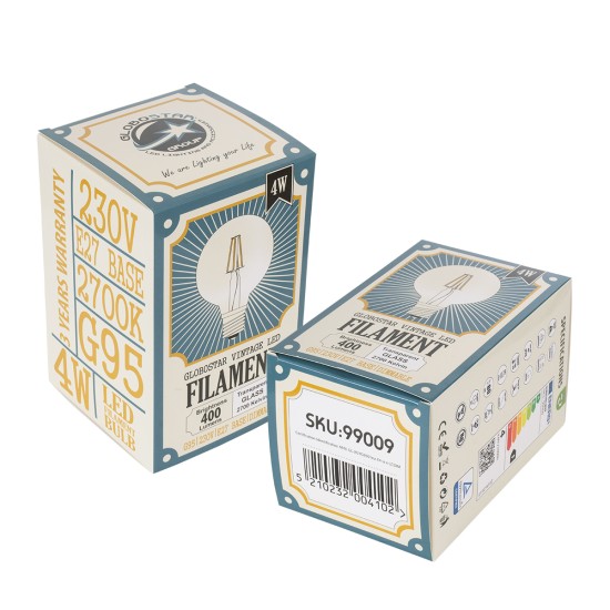 GloboStar® 99009 Λάμπα LED Long Filament E27 G95 Γλόμπος 4W 400lm 360° AC 220-240V IP20 Φ9.5 x Υ13.5cm Θερμό Λευκό 2700K με Διάφανο Γυαλί - Dimmable - 3 Years Warranty GloboStar® 99009 Λάμπα LED Long Filament E27 G95 Γλόμπος 4W 400lm 360° AC 220-240V IP20 Φ9.5 x Υ13.5cm Θερμό Λευκό 2700K με Διάφανο Γυαλί - Dimmable - 3 Years Warranty