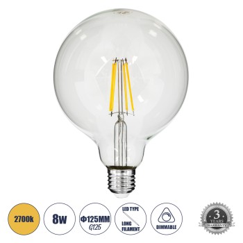 GLOBOSTAR® BUBBLE 99013 Λάμπα E27 G125 LED 8W 800lm 360° AC 220-240V IP20 Θερμό Λευκό 2700K Dimmable - Long Filament Chip - Διάφανο - Μ12.5 x Π12.5 x Υ18cm - 3 Χρόνια Εγγύηση