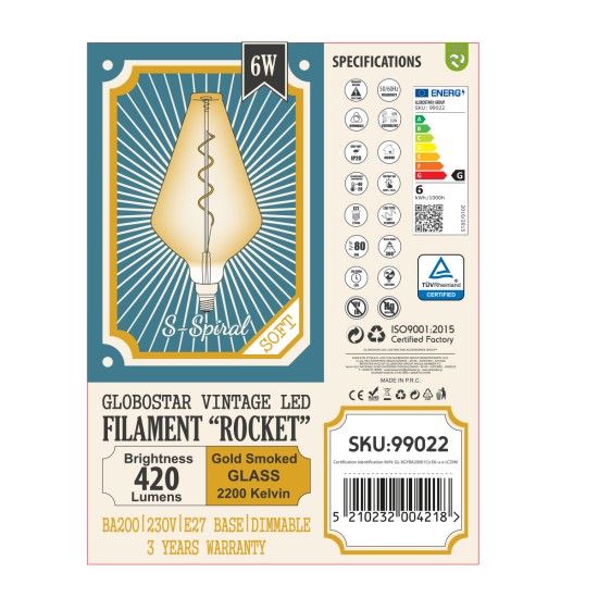 GloboStar® 99022 Λάμπα LED Soft S Spiral Filament E27 BA200 ROCKET Γλόμπος 6W 420lm 360° AC 220-240V IP20 Φ20 x Υ41.5cm Ultra Θερμό Λευκό 2200K με Μελί Γυαλί - Dimmable - 3 Years Warranty GloboStar® 99022 Λάμπα LED Soft S Spiral Filament E27 BA200 ROCKET Γλόμπος 6W 420lm 360° AC 220-240V IP20 Φ20 x Υ41.5cm Ultra Θερμό Λευκό 2200K με Μελί Γυαλί - Dimmable - 3 Years Warranty