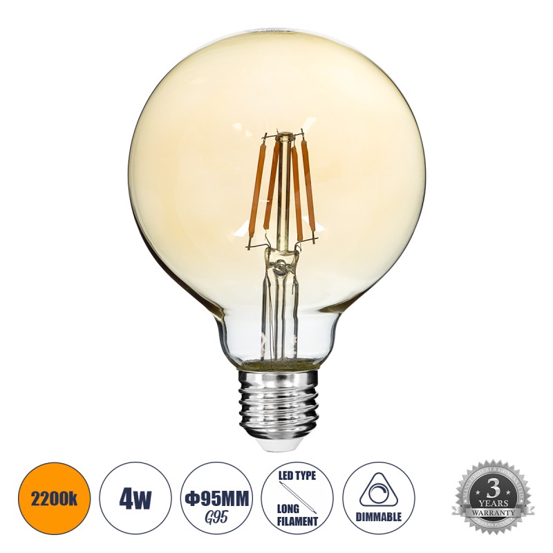 GloboStar® 99039 LED Long Filament Bulb E27 G95 Globe 4W 350lm 360° AC 220-240V IP20 D9.5 x H13.5cm Ultra Θερμό Λευκό 2200K με Μελί Γυαλί - Dimmable - 3 Years Warranty