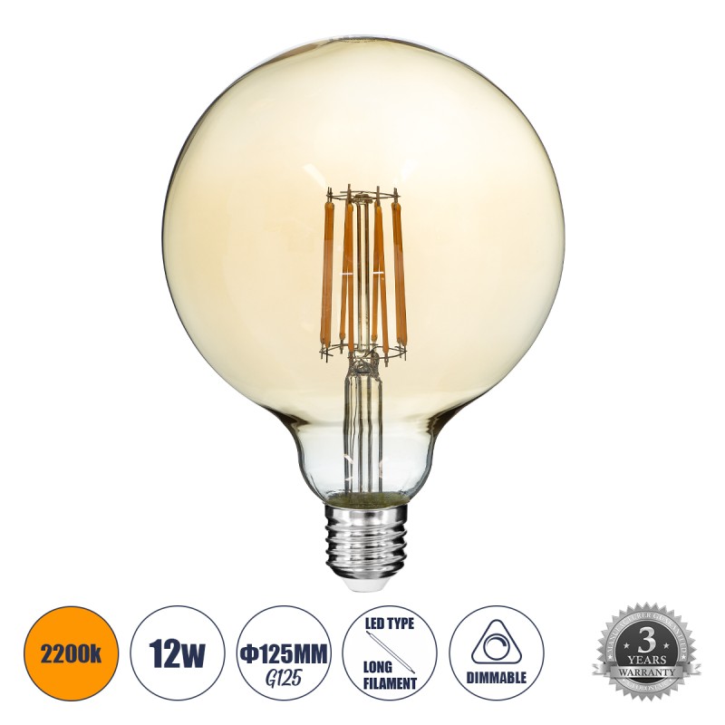 GloboStar® 99044 Λάμπα LED Long Filament E27 G125 Γλόμπος 12W 1080lm 360° AC 220-240V IP20 Φ12.5 x Υ18cm Ultra Θερμό Λευκό 2200K με Μελί Γυαλί - Dimmable - 3 Years Warranty