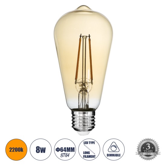 GloboStar® 99046 Λάμπα LED Long Filament E27 ST64 Αχλάδι 8W 720lm 360° AC 220-240V IP20 Φ6.4 x Υ14cm Ultra Θερμό Λευκό 2200K με Μελί Γυαλί - Dimmable - 3 Years Warranty GloboStar® 99046 Λάμπα LED Long Filament E27 ST64 Αχλάδι 8W 720lm 360° AC 220-240V IP20 Φ6.4 x Υ14cm Ultra Θερμό Λευκό 2200K με Μελί Γυαλί - Dimmable - 3 Years Warranty