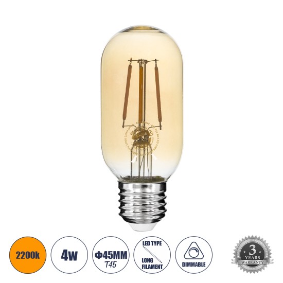 GloboStar® 99048 Λάμπα LED Long Filament E27 T45 Σωλήνας 4W 350lm 360° AC 220-240V IP20 Φ4.5 x Υ11cm Ultra Θερμό Λευκό 2200K με Μελί Γυαλί - Dimmable - 3 Years Warranty GloboStar® 99048 Λάμπα LED Long Filament E27 T45 Σωλήνας 4W 350lm 360° AC 220-240V IP20 Φ4.5 x Υ11cm Ultra Θερμό Λευκό 2200K με Μελί Γυαλί - Dimmable - 3 Years Warranty