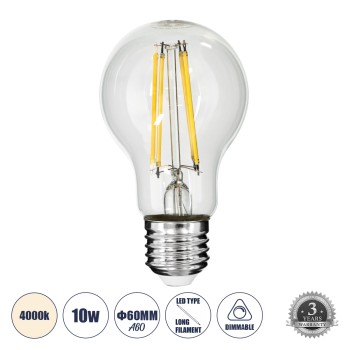 GLOBOSTAR® GLOBE 99053 Λάμπα E27 A60 LED 10W 1100lm 360° AC 220-240V IP20 Φυσικό Λευκό 4500K Dimmable - Long Filament Chip - Διάφανο - Μ6 x Π6 x Υ10.5cm - 3 Χρόνια Εγγύηση