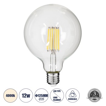 GLOBOSTAR® BUBBLE 99055 Λάμπα E27 G125 LED 12W 1320lm 360° AC 220-240V IP20 Φυσικό Λευκό 4500K Dimmable - Long Filament Chip - Διάφανο - Μ12.5 x Π12.5 x Υ18cm - 3 Χρόνια Εγγύηση