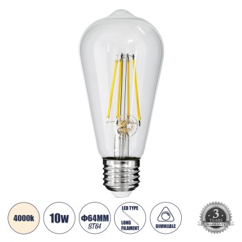 GLOBOSTAR® PEAR 99056 Λάμπα E27 ST64 LED 10W 1100lm 360° AC 220-240V IP20 Φυσικό Λευκό 4500K Dimmable - Long Filament Chip - Διάφανο - Μ6.4 x Π6.4 x Υ14cm - 3 Χρόνια Εγγύηση
