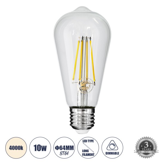 GloboStar® 99056 Λάμπα LED Long Filament E27 ST64 Αχλάδι 10W 1100lm 360° AC 220-240V IP20 Φ6.4 x Υ14cm Φυσικό Λευκό 4000K με Διάφανο Γυαλί - Dimmable - 3 Years Warranty GloboStar® 99056 Λάμπα LED Long Filament E27 ST64 Αχλάδι 10W 1100lm 360° AC 220-240V IP20 Φ6.4 x Υ14cm Φυσικό Λευκό 4000K με Διάφανο Γυαλί - Dimmable - 3 Years Warranty