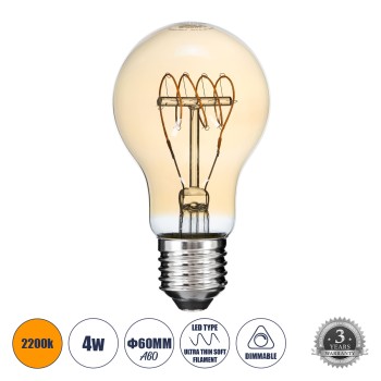 GLOBOSTAR® GLOBE 99059 Λάμπα E27 A60 LED 4W 280lm 360° AC 220-240V IP20 Ultra Θερμό Λευκό 2200K Dimmable - Ultra Thin Soft T Spiral Filament Chip - Μελί - Μ6 x Π6 x Υ10.5cm - 3 Χρόνια Εγγύηση