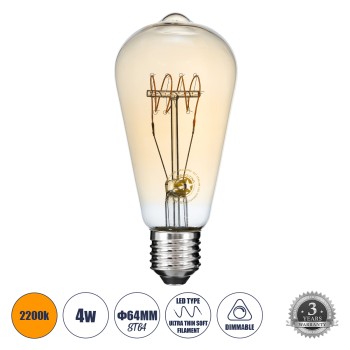 GLOBOSTAR® PEAR 99082 Λάμπα E27 ST64 LED 4W 280lm 360° AC 220-240V IP20 Ultra Θερμό Λευκό 2200K Dimmable - Ultra Thin Soft T Spiral Filament Chip - Μελί - Μ6.4 x Π6.4 x Υ14cm - 3 Χρόνια Εγγύηση