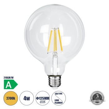 GLOBOSTAR® BUBBLE 99085 Λάμπα E27 G125 LED 4W 840lm 360° AC 220-240V IP20 Θερμό Λευκό 2700K - Long Filament Chip - Διάφανο - Μ12.5 x Π12.5 x Υ13.8cm - 3 Χρόνια Εγγύηση