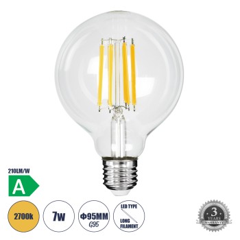 GLOBOSTAR® BUBBLE 99088 Λάμπα E27 G95 LED 7W 1470lm 360° AC 220-240V IP20 Θερμό Λευκό 2700K - Long Filament Chip - Διάφανο - Μ9.5 x Π9.5 x Υ13.8cm - 3 Χρόνια Εγγύηση