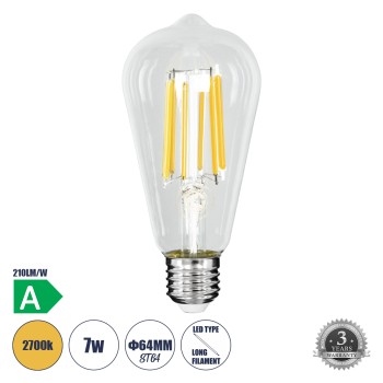 GLOBOSTAR® PEAR 99090 Λάμπα E27 ST64 LED 7W 1470lm 360° AC 220-240V IP20 Θερμό Λευκό 2700K - Long Filament Chip - Διάφανο - Μ6.4 x Π6.4 x Υ14.5cm - 3 Χρόνια Εγγύηση