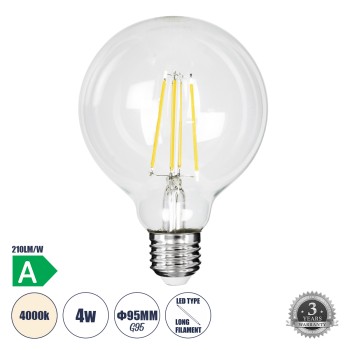 GLOBOSTAR® BUBBLE 99092 Λάμπα E27 G95 LED 4W 840lm 360° AC 220-240V IP20 Φυσικό Λευκό 4500K - Filament Chip - Διάφανο - Μ9.5 x Π9.5 x Υ13.8cm - 3 Χρόνια Εγγύηση