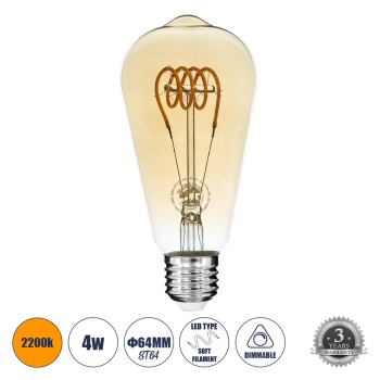 GLOBOSTAR® PEAR 99141 Λάμπα E27 ST64 LED 4W 280lm 360° AC 220-240V IP20 Ultra Θερμό Λευκό 2200K Dimmable - Soft T Spiral Filament Chip - Μελί - Μ6.4 x Π6.4 x Υ14cm - 3 Χρόνια Εγγύηση