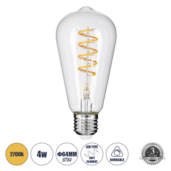 GloboStar® 99143 Λάμπα LED Soft S Spiral Filament E27 ST64 Αχλάδι 4W 300lm 360° AC 220-240V IP20 Φ6.4 x Υ14cm Θερμό Λευκό 2700K με Διάφανο Γυαλί - Dimmable - 3 Χρόνια Εγγύηση GloboStar® 99143 Λάμπα LED Soft S Spiral Filament E27 ST64 Αχλάδι 4W 300lm 360° AC 220-240V IP20 Φ6.4 x Υ14cm Θερμό Λευκό 2700K με Διάφανο Γυαλί - Dimmable - 3 Χρόνια Εγγύηση