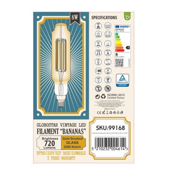 GloboStar® 99168 Λάμπα LED Long Filament E27 BTT80 BANANAS Γλόμπος 8W 720lm 360° AC 220-240V IP20 Φ7.8 x Υ34.5cm Ultra Θερμό Λευκό 2200K με Μελί Γυαλί - Dimmable - 3 Χρόνια Εγγύηση GloboStar® 99168 Λάμπα LED Long Filament E27 BTT80 BANANAS Γλόμπος 8W 720lm 360° AC 220-240V IP20 Φ7.8 x Υ34.5cm Ultra Θερμό Λευκό 2200K με Μελί Γυαλί - Dimmable - 3 Χρόνια Εγγύηση