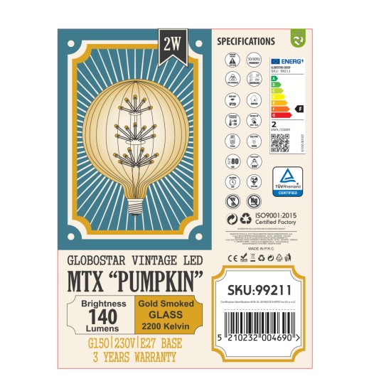 GloboStar® 99211 Λάμπα LED MTX Diode HP E27 G150 PUMPKIN Γλόμπος 1.6W 140lm 360° AC 220-240V IP20 Φ15 x Υ19cm Ultra Θερμό Λευκό 2200K με Μελί Γυαλί - 3 Χρόνια Εγγύηση GloboStar® 99211 Λάμπα LED MTX Diode HP E27 G150 PUMPKIN Γλόμπος 1.6W 140lm 360° AC 220-240V IP20 Φ15 x Υ19cm Ultra Θερμό Λευκό 2200K με Μελί Γυαλί - 3 Χρόνια Εγγύηση