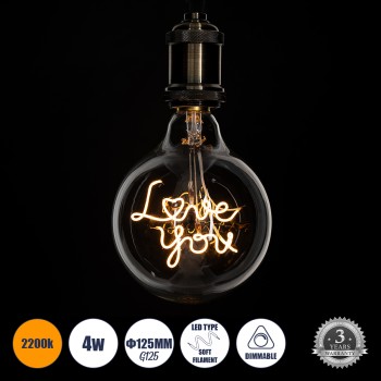 GLOBOSTAR® LOVE YOU 99261 Λάμπα E27 G125 LED 4W 340lm 360° AC 220-240V IP20 Ultra Θερμό Λευκό 2200K Dimmable - Filament Chip - Διάφανο - Μ12.5 x Π12.5 x Υ18cm - 3 Χρόνια Εγγύηση
