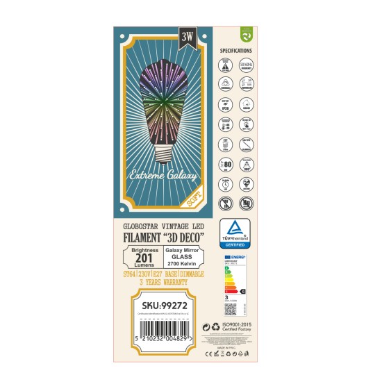 GloboStar® 99272 Λάμπα LED Long Filament E27 ST64 Αχλάδι 3D Galaxy Effect 3W 201lm 360° AC 220-240V IP20 Φ6.4 x Υ14cm Θερμό Λευκό 2700K με Galaxy Mirror Γυαλί - Dimmable - 3 Years Warranty GloboStar® 99272 Λάμπα LED Long Filament E27 ST64 Αχλάδι 3D Galaxy Effect 3W 201lm 360° AC 220-240V IP20 Φ6.4 x Υ14cm Θερμό Λευκό 2700K με Galaxy Mirror Γυαλί - Dimmable - 3 Years Warranty