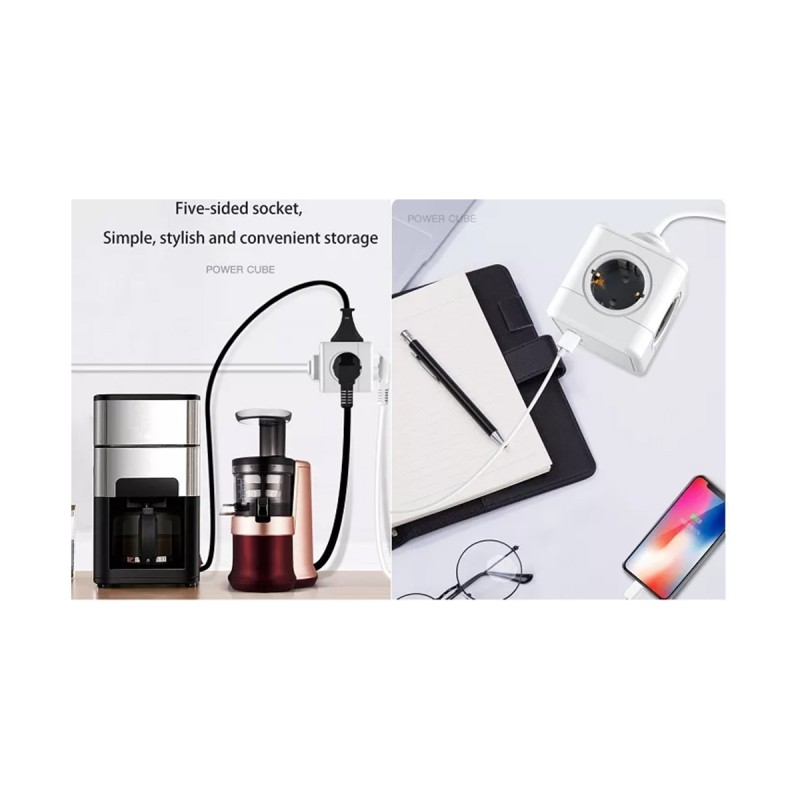GloboStar® TRAVEL PowerCube PRO Certified 79644 Πολύπριζο 5 Θέσεων με 1.5m Kαλώδιο - 5 Πρίζες Ασφαλείας Childproof EU Schuko AC 220-240V Μ7.5 x Π7.5 x Υ7.5 - Λευκό με Γκρι - Max Load 3680W/16A