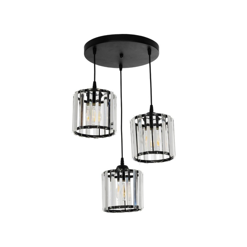 GloboStar® FLAREX 201-0084 Vintage Κρεμαστό Φωτιστικό Πλέγμα Τρίφωτο 3 x E27 IP20 Μαύρο Μέταλλο με Κρυστάλλους - Μ33 x Π33 x Υ75cm