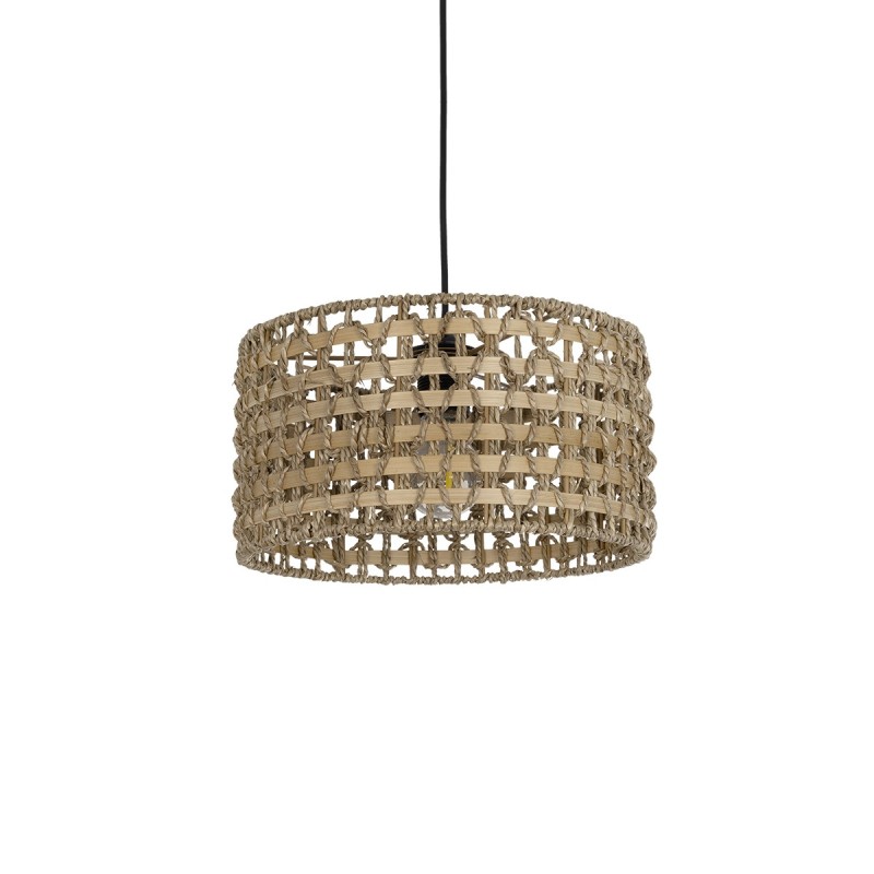 GloboStar® POMEGRANDE 204-0158 Boho Κρεμαστό Φωτιστικό Kαπέλο Μονόφωτο 1 x E27 IP20 Μπεζ Rattan με Καφέ Ξυλο - Μ30 x Π30 x Υ16cm