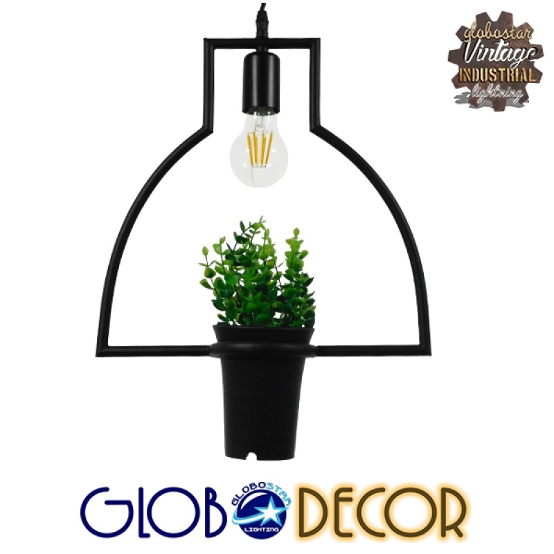 GloboStar® FLOWERPOT 10001209 Μοντέρνο Κρεμαστό Φωτιστικό Ανάρτηση Μονόφωτο 1 x E27 IP20 Μαύρο Μέταλλο με Πράσινο Πλαστικό - Μ34 x Π34 x Y34cm