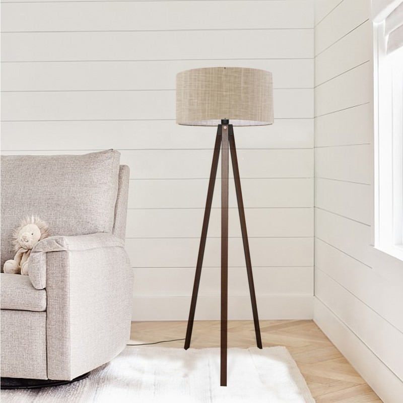 GloboStar® SAGA 204-0040 Μοντέρνο Eπιδαπέδιο Φωτιστικό Μονόφωτο 1 x E27 IP20 Καφέ Ξύλο με Μπεζ Ύφασμα - Μ38 x Π38 x Υ140cm