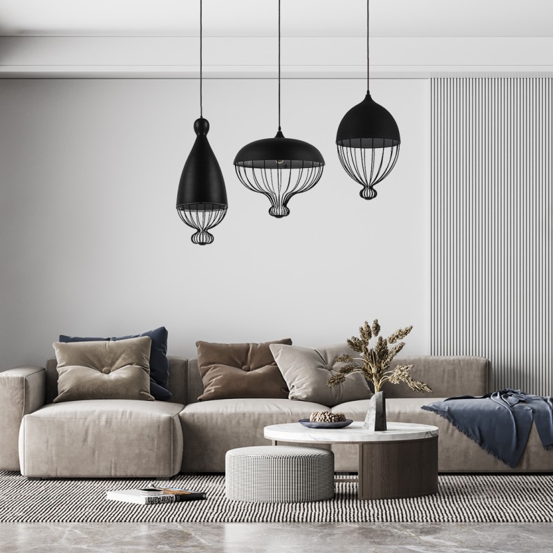 GloboStar® SOBRINO 01108 Vintage Κρεμαστό Φωτιστικό Πλέγμα Μονόφωτο 1 x E27 IP20 Μαύρο Μέταλλο - Μ46 x Π46 x Υ50cm